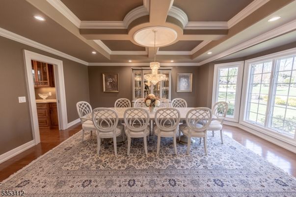 Chandelier, Dining room, Interior, Recessed Lighting, Wood Texture Flooring
