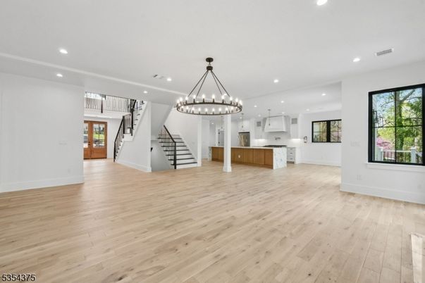 Chandelier, Empty room, Interior, Kitchen, Pendant Lights, Recessed Lighting, Wood Texture Flooring