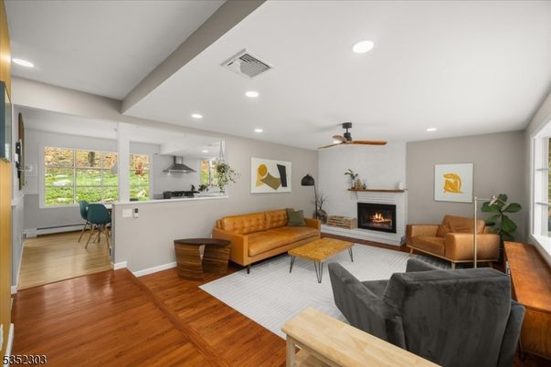 Fireplace, Interior, Kitchen, Living room, Recessed Lighting, Wood Texture Flooring