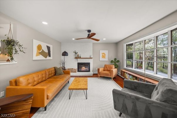 Fireplace, Interior, Living room, Recessed Lighting, Wood Texture Flooring