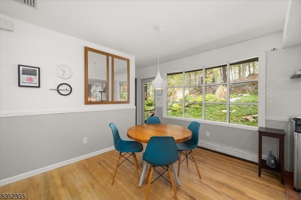 Dining room, Interior, Pendant Lights, Wood Texture Flooring