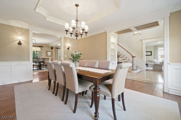 Chandelier, Dining room, Interior, Wood Texture Flooring