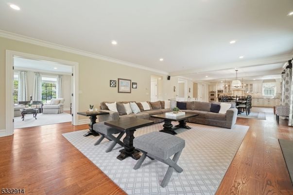 Dining room, Interior, Living room, Pendant Lights, Recessed Lighting, Wood Texture Flooring