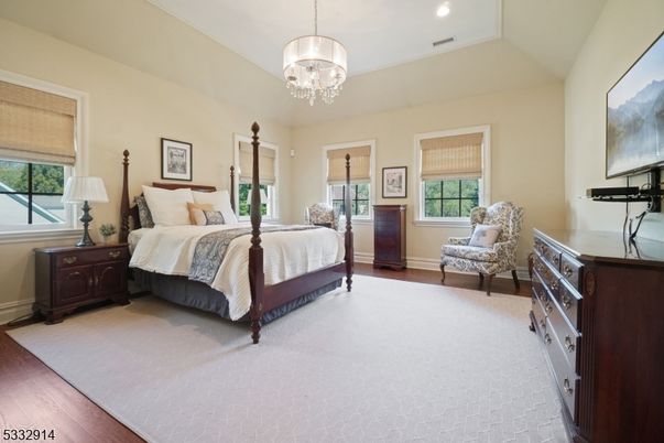 Bedroom, Chandelier, Interior, Recessed Lighting, Wood Texture Flooring