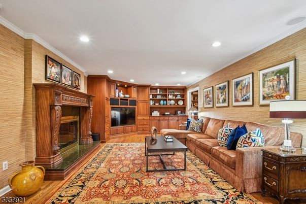Fireplace, Interior, Living room, Recessed Lighting, Wood Texture Flooring, Wooden Walls