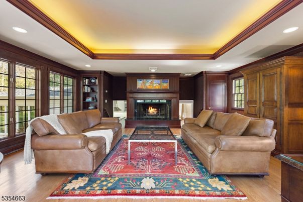 Fireplace, Interior, Living room, Recessed Lighting, Wood Texture Flooring, Wooden Walls