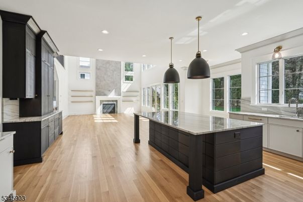 Fireplace, Interior, Kitchen, Pendant Lights, Recessed Lighting, Wood Texture Flooring