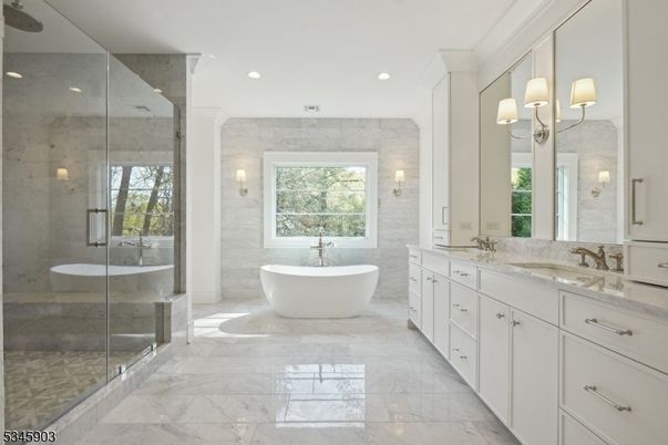 Bathroom, Dual Sink Vanities, Free Standing Baths, Glass Shower, Interior, Marble, Recessed Lighting