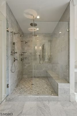 Bathroom, Glass Shower, Interior, Marble, Marble Walls, Recessed Lighting