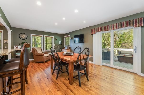 Dining room, Interior, Living room, Recessed Lighting, Wood Texture Flooring