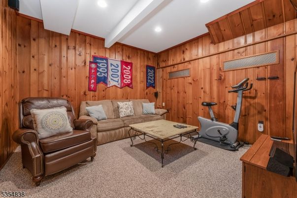 Fitness Equipment, Interior, Living room, Recessed Lighting, Wooden Walls