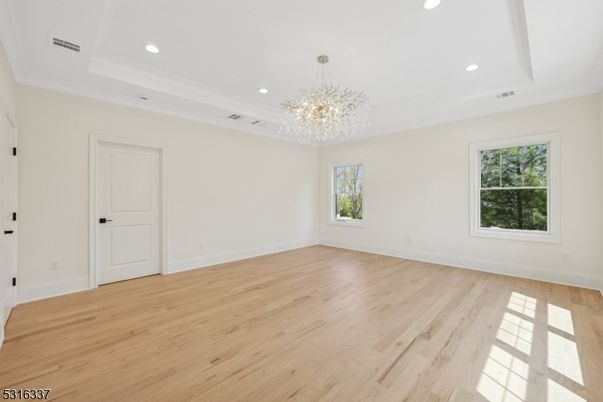 Chandelier, Empty room, Interior, Recessed Lighting, Wood Texture Flooring