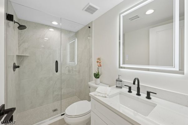 Bathroom, Glass Shower, Interior, Marble Walls, Recessed Lighting