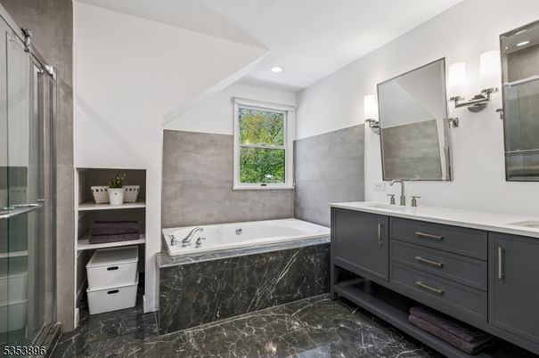 Bathroom, Dual Sink Vanities, Glass Shower, Interior, Marble, Recessed Lighting