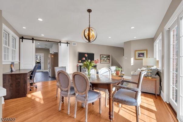 Dining room, Interior, Pendant Lights, Recessed Lighting, Wood Texture Flooring