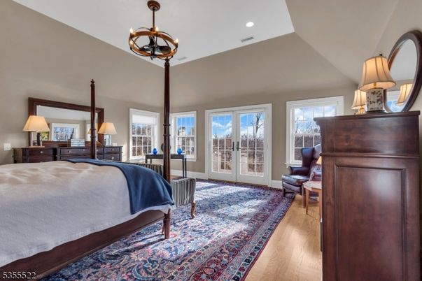 Bedroom, Chandelier, Interior, Pendant Lights, Recessed Lighting, Wood Texture Flooring