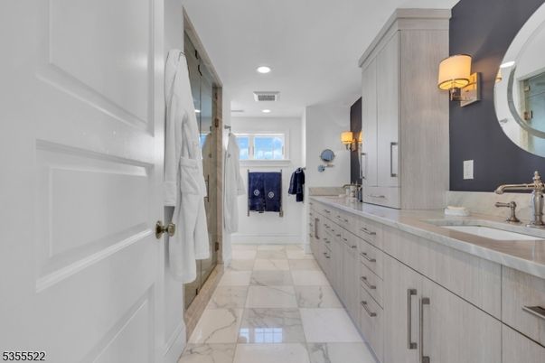 Bathroom, Dual Sink Vanities, Interior, Marble, Recessed Lighting