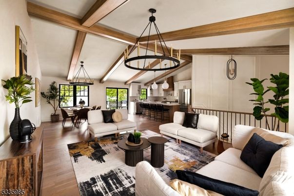 Dining room, Interior, Kitchen, Living room, Pendant Lights, Stainless Steel Appliances, Wooden Beams, Wood Texture Flooring