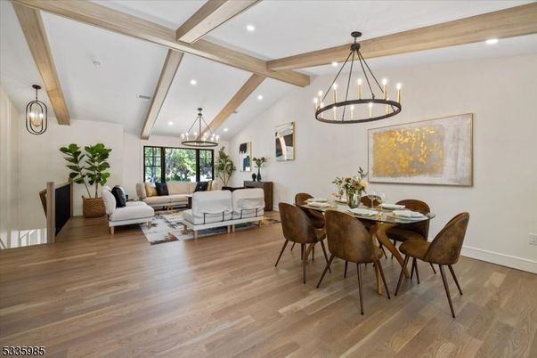 Chandelier, Dining room, Interior, Living room, Pendant Lights, Recessed Lighting, Wooden Beams, Wood Texture Flooring