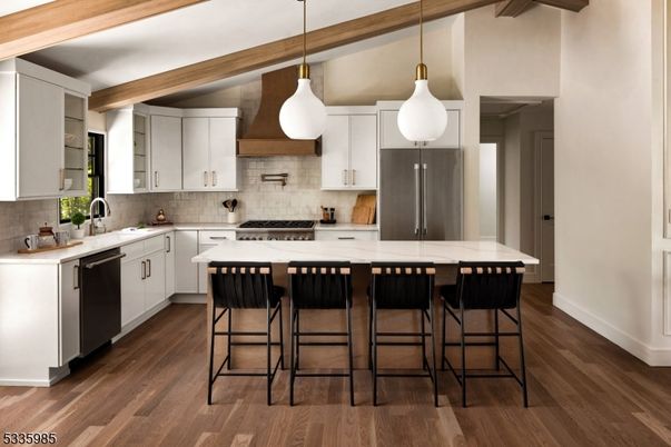 Interior, Kitchen, Pendant Lights, Stainless Steel Appliances, Wooden Beams, Wood Texture Flooring
