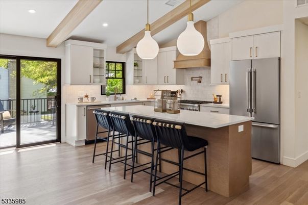 Interior, Kitchen, Pendant Lights, Recessed Lighting, Stainless Steel Appliances, Wooden Beams, Wood Texture Flooring