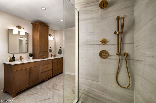 Bathroom, Dual Sink Vanities, Glass Shower, Interior, Recessed Lighting, Wood Texture Flooring