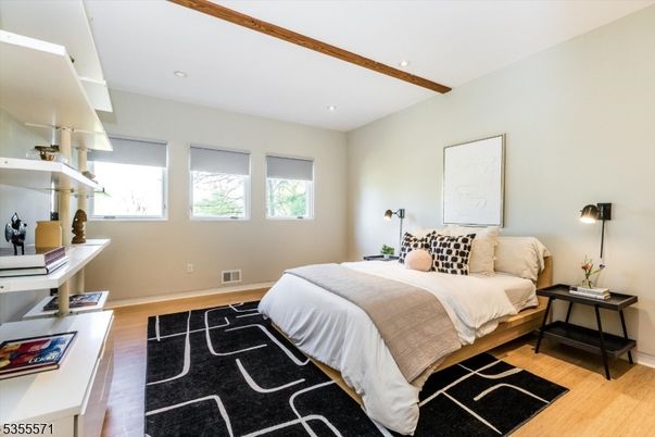 Bedroom, Interior, Recessed Lighting, Wooden Beams, Wood Texture Flooring