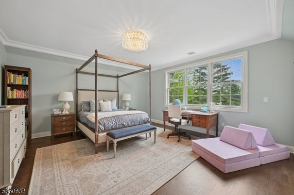 Bedroom, Chandelier, Home Office, Interior, Wood Texture Flooring