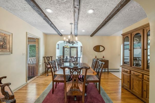 Chandelier, Dining room, Interior, Recessed Lighting, Wood Texture Flooring
