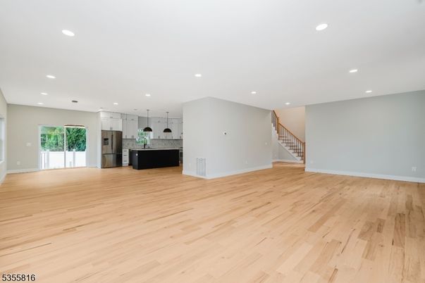 Empty room, Interior, Kitchen, Pendant Lights, Recessed Lighting, Wood Texture Flooring