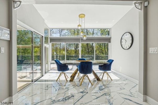 Dining room, Interior, Marble, Pendant Lights, Sun Room