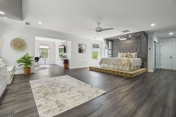 Bedroom, Interior, Recessed Lighting, Wood Texture Flooring