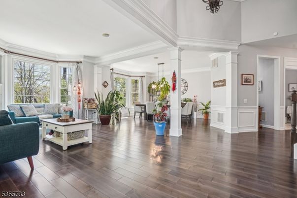 Dining room, Interior, Living room, Pendant Lights, Wood Texture Flooring