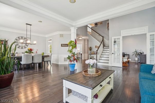 Chandelier, Dining room, Interior, Pendant Lights, Wood Texture Flooring