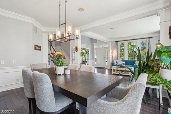 Dining room, Interior, Living room, Pendant Lights, Wood Texture Flooring