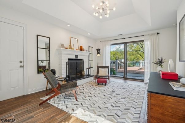 Fireplace, Home Office, Interior, Pendant Lights, Recessed Lighting, Wood Texture Flooring