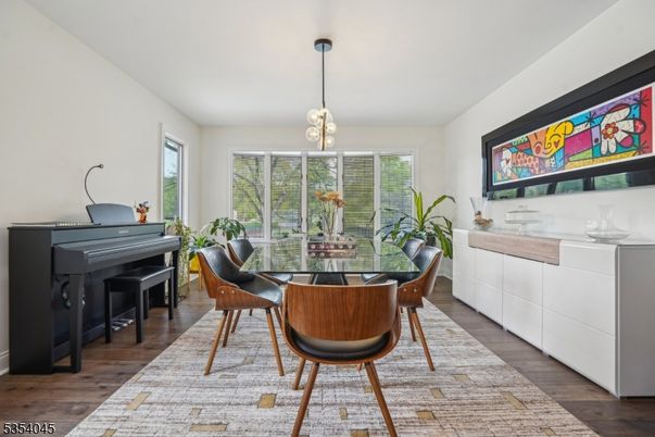 Dining room, Interior, Pendant Lights, Piano, Wood Texture Flooring