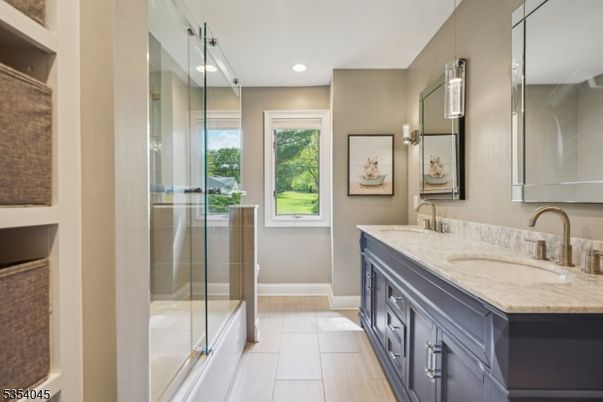 Bathroom, Dual Sink Vanities, Glass Shower, Interior, Recessed Lighting