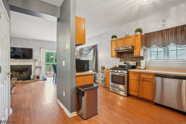 Fireplace, Interior, Kitchen, Stainless Steel Appliances, Wood Texture Flooring