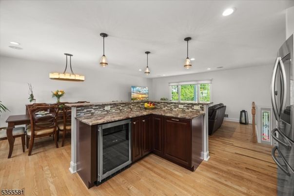Dining room, Interior, Kitchen, Pendant Lights, Recessed Lighting, Wood Texture Flooring