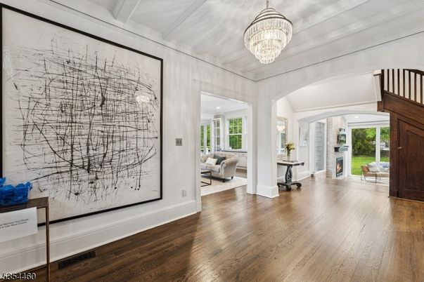 Chandelier, Fireplace, Interior, Recessed Lighting, Wood Texture Flooring