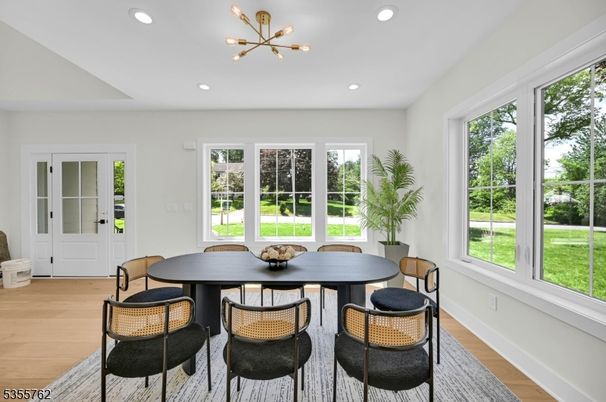 Dining room, Interior, Pendant Lights, Recessed Lighting, Wood Texture Flooring