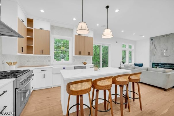 Fireplace, Interior, Kitchen, Living room, Marble Walls, Pendant Lights, Recessed Lighting, Stainless Steel Appliances, Wood Texture Flooring