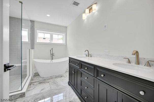 Bathroom, Dual Sink Vanities, Free Standing Baths, Glass Shower, Interior, Marble, Recessed Lighting