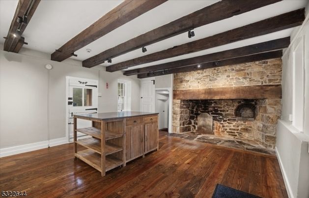 Fireplace, Interior, Recessed Lighting, Stone Walls, Wooden Beams, Wood Texture Flooring