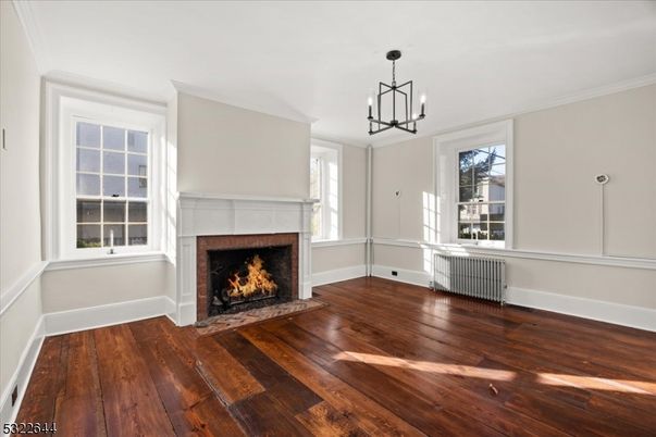 Empty room, Fireplace, Interior, Pendant Lights, Wood Texture Flooring