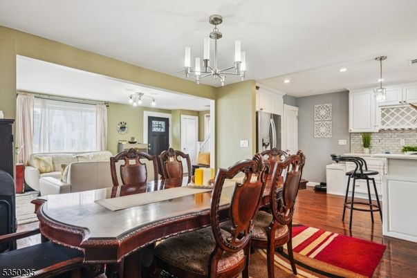 Chandelier, Dining room, Interior, Kitchen, Pendant Lights, Recessed Lighting, Wood Texture Flooring