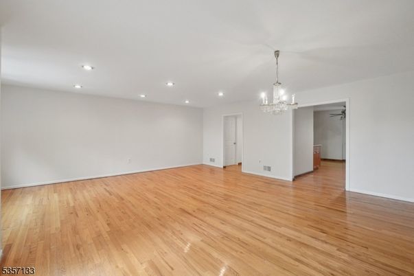 Chandelier, Empty room, Interior, Recessed Lighting, Wood Texture Flooring