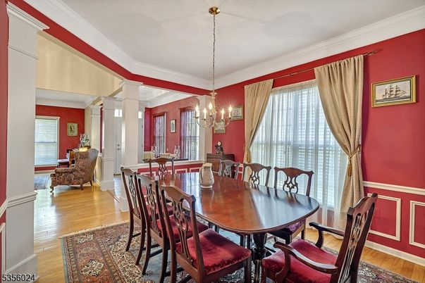 Chandelier, Dining room, Interior, Wood Texture Flooring