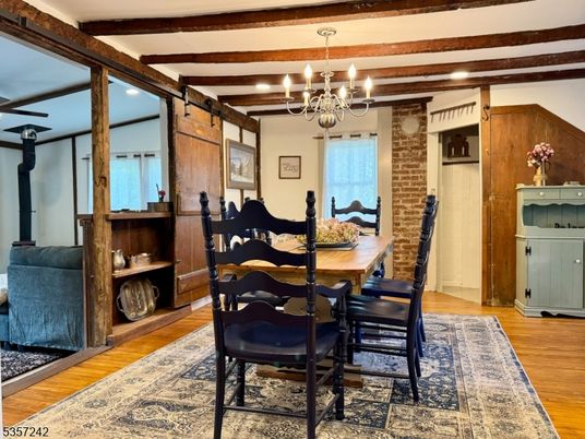 Chandelier, Dining room, Interior, Wooden Beams, Wood Texture Flooring